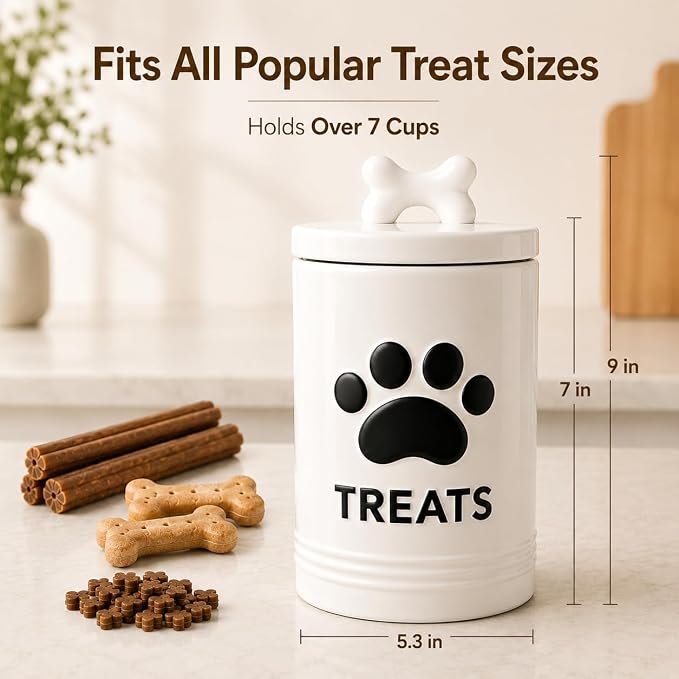 White Dog Treat Container, 5.3''×9.1'', with Airtight Lid, 7 Cups Capacity