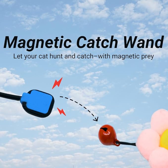 Magnetic Catch Wand (Max 40") Cat Toy – Interactive Telescoping Wand for Indoor Cats and Kittens, Magnetic Easy Catch & Release, Durable Enrichment Toy with 3 Lures