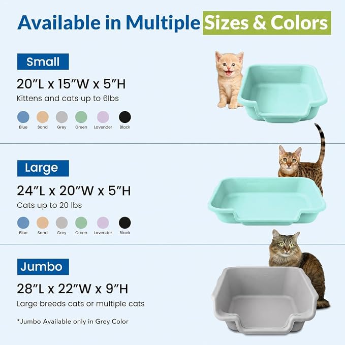 KittyGohere Senior Cat Litter Box Large with Scoop, 2 Pack Green | Open Top Low Entrance Kitty Litter Box With Long-handle Jumbo Scoop, Lightweight Low Entry Litters Box, Durable, Made in USA
