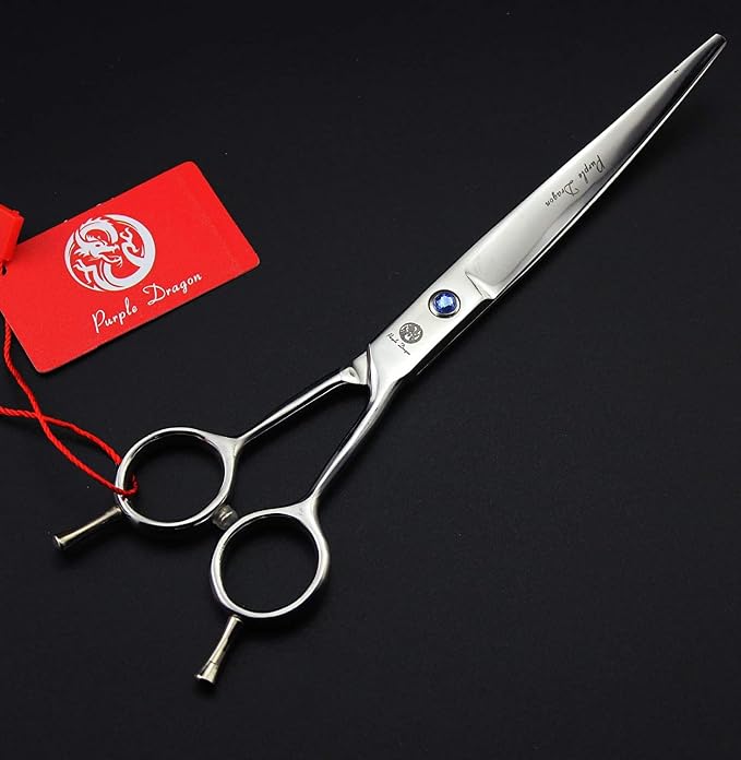 Purple Dragon 8.0 in Dog Grooming Scissors Set with Anti-Shock Bag - Silver | Japanese 440C Steel Pet Grooming Shears, Comfortable Grip, Includes Curved, Straight & Thinning Scissors with Silencer