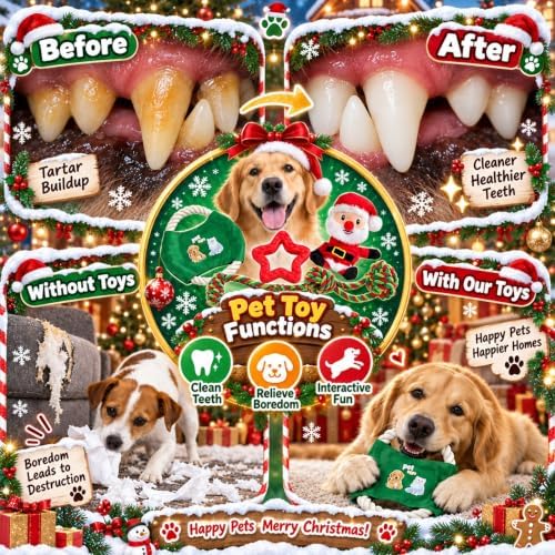 Christmas Dog Toys 4 Pack, Squeaky Plush, Rope Frisbee & Teething Toys - Image 3