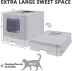 XL Foldable Cat Litter Box with Lid - Jumbo Enclosed Potty - Top Entry Anti-Splashing Toilet - Includes Scoop & 2-in-1 Cleaning Brush (Grey)