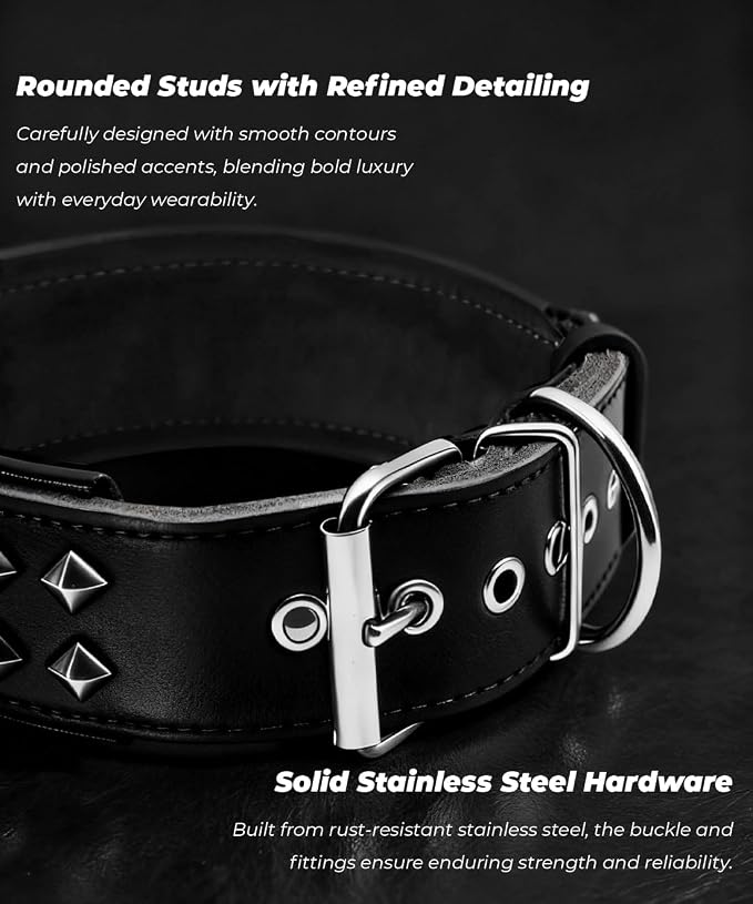 Genuine Leather Dog Collar 2.2 in Wide for Large Dogs Heavy Duty, BK-SL-S | Handcrafted,Stainless Steel Buckle and Alloy Studded,Soft Padded,Fashionable Daily Wear for Large Giant Breed,16.5-20.5 in