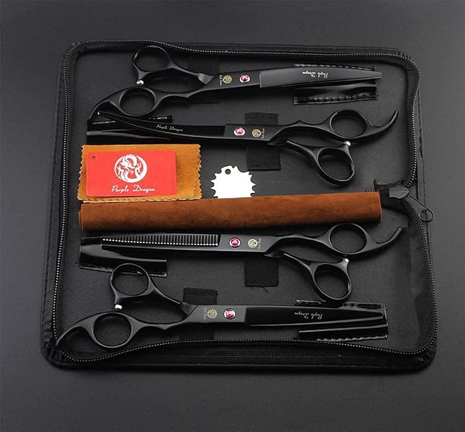 Purple Dragon 7.0 inch Dog Grooming Scissors Set with Silencer - Black | 4PCS Pet Grooming Shears Kit with Straight, Curved, Thinning Blade, Comfortable Grip, Japanese 440C Steel, Gift for Groomers