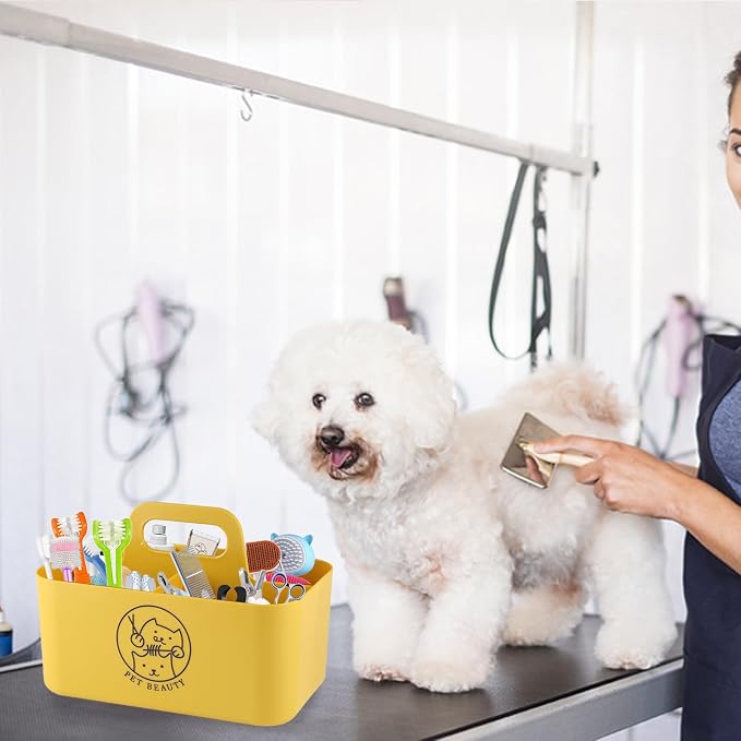 Dog Storage Organizer for Grooming Supplies,Portable Caddy Organizer for Pet Stuff,Divided Storage Bin for Dog Cat Grooming Kit,Dog Stuff Organizer with Handle for Shampoo,Clipper,Comb-Yeloow