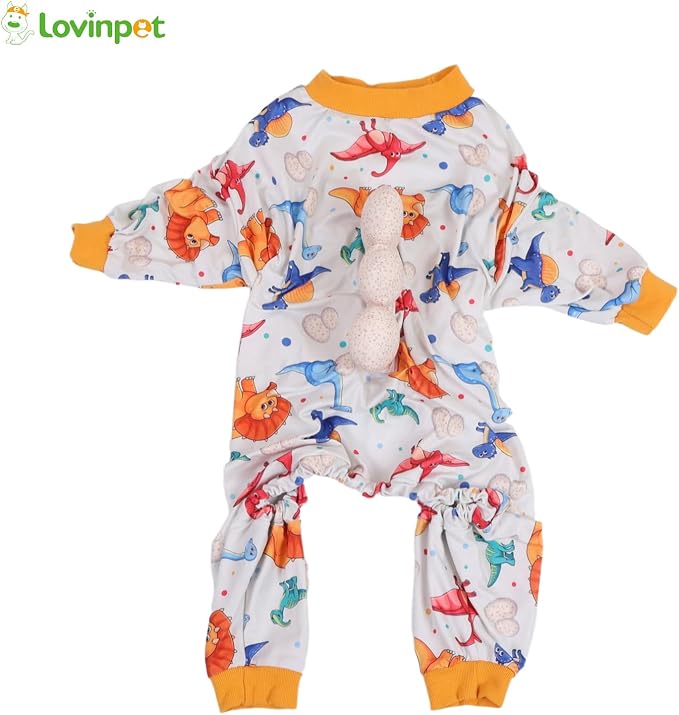 LovinPet Large Dog Pajamas, Four-Leg Stretch Onesie Bodysuit, Lightweight UV-Shielding Pajamas, Anti-Lick Calming Recovery Suit for Surgery, 3D Dino Egg Spikes, Easy on/Off， White， XXL