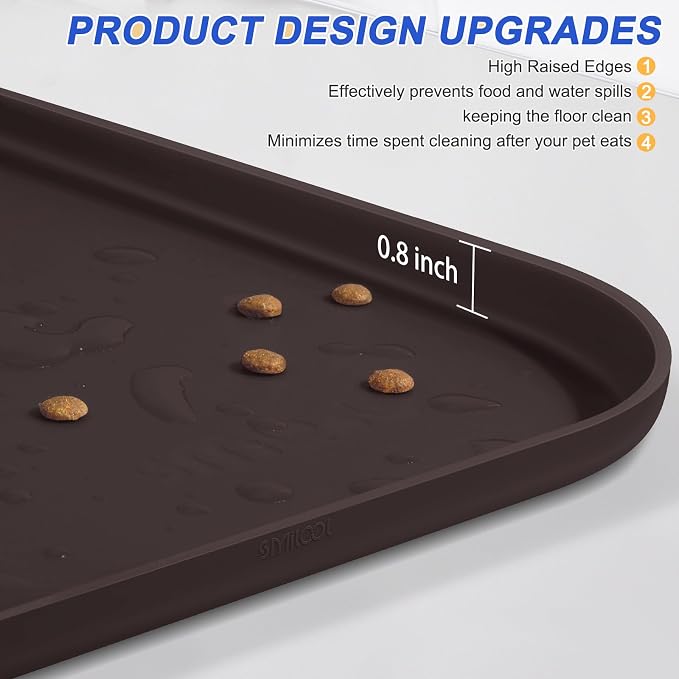 SMILOOL Silicone Pet Food Mat with Raised Edge for Food and Water Bowl, Dog Feeding Mats, Cat Food Trays for Floor Waterproof, Rubber Tray for Dogs and Cats, 22 x 14 x 0.8 Darkbrown