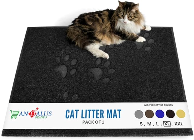 Andalus Extra Large Cat Litter Mat, Pack of 1 - Waterproof, Non-Slip & Easy to Clean Cat Litter Box Mat for Extra Efficient Pet Litter-Trapping, Black (35” X 23”)