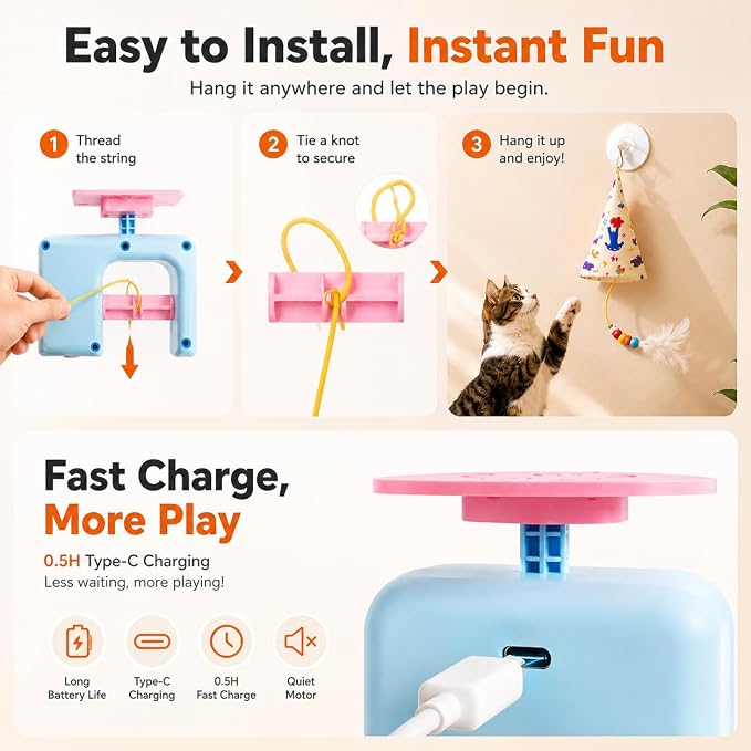 Interactive Cat Toys for Indoor Cats, Automatic Hanging Cat Hunting Toy | Randomly rising hidden prey feather keeps cats hunting active and entertained while reducing boredom and destructive behavior