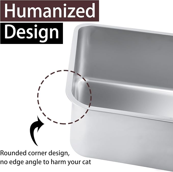 Stainless Steel Cat Litter Box, 23.6"x15.8"x8" | For Adult Cats or Kitty/Kitten Rust-Proof, High Side, Non Stick, No Smell, Easy to Clean Metal Cat Litter Box