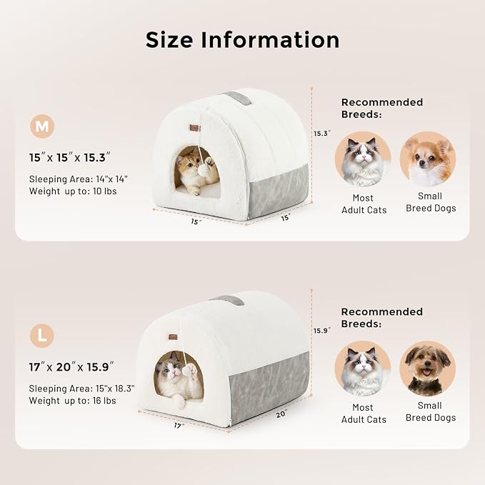 ZOMISIA 2in1 Cat Bed Cave for Indoor Cats & Small Dog, with Washable Pillow | 17 inch, Large Enclosed Cat Hideaway with Non-Slip Bottom, Cozy Dog Cave for Anxious Pets, Easy to Assemble, Removable Pillow