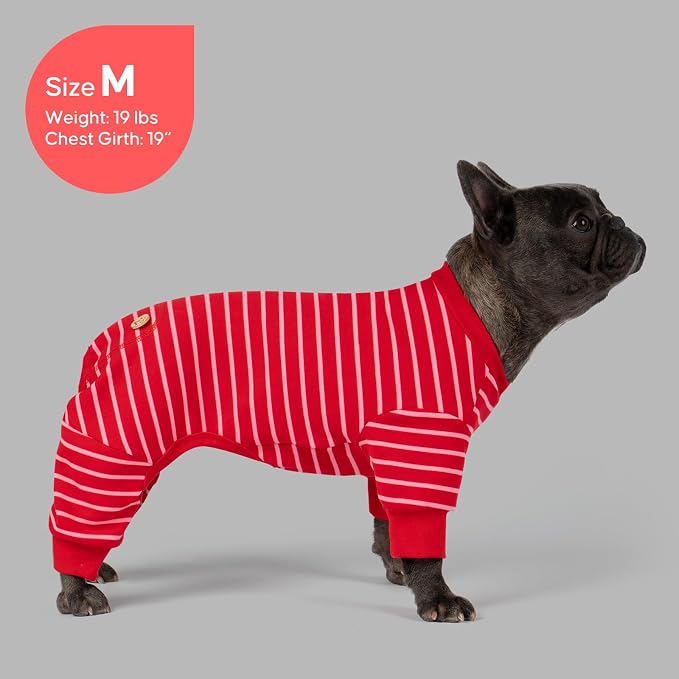 KYEESE Dog Pajamas, Soft 4 Legs Doggie Jammies, Striped Velvet Fleece Dog PJS, Pet Jumpsuit Puppy PJS, Stretchable Outfit Cozy Onesie Sleepwear Soft Pajamas, Red Striped, Small