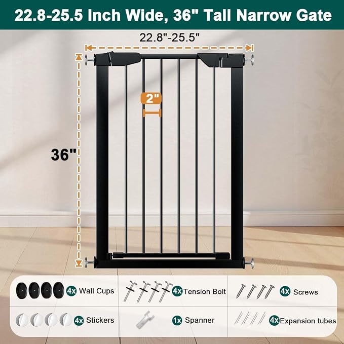 Fairy Baby 36" Tall Narrow Baby Gate 22.8"-25.5" Wide for Small Doorways | Narrow Pet Gate for Small Stairs, Auto-Close Pressure Mounted Metal Dog Gate, One-Hand Open Safety Child Gate No Drill, Black