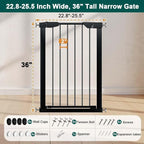 Fairy Baby 36" Tall Narrow Baby Gate 22.8"-25.5" Wide for Small Doorways | Narrow Pet Gate for Small Stairs, Auto-Close Pressure Mounted Metal Dog Gate, One-Hand Open Safety Child Gate No Drill, Black