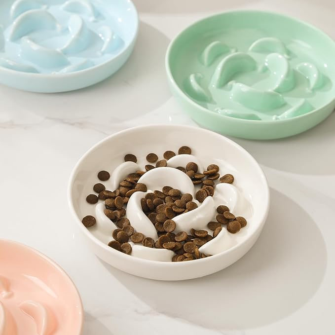 Ceramic Slow Feeder Cat Bowl, 6.3'' Wide Whisker Friendly Cat Puzzle Feeder | Slow Eating 5x, Anti Vomit Shallow Slow Eating Cat Dish for Dry and Wet Food, Microwave and Dishwasher Safe, 6.3" X 1.2"
