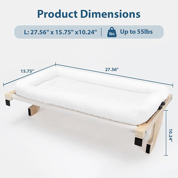 Cat Sill Window Perch - 100% Natural Pine Frame, Plush Fleece Cushion, Tool-Free Adjustment, Supports 55 lbs (Extra Large-White)