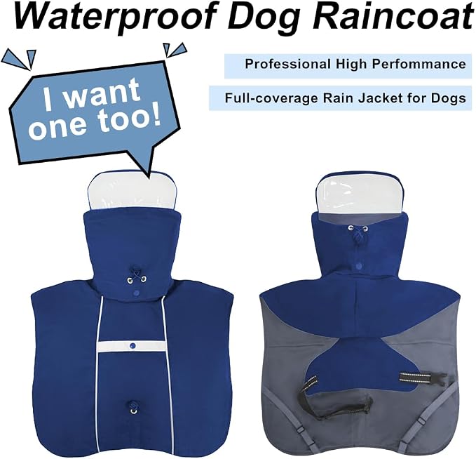 Pet Dog Raincoat Jacket Large Dog Rain Poncho with Transparent Hood, Double-Layer Structure, Adjustable, Waterproof, and Reflective, Suitable for Medium to Large (Dark Blue, L)
