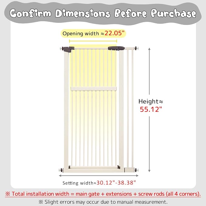 Lumizone 55.12" Extra Tall Pet Gate for Cat Dog 30.12"-38.38" Wide Cream | Extra Tall Cat Gate for Doorway Hallway Stairs Pressure Mounted 1.37" Gap No Drilling Auto-Close Dual-Lock