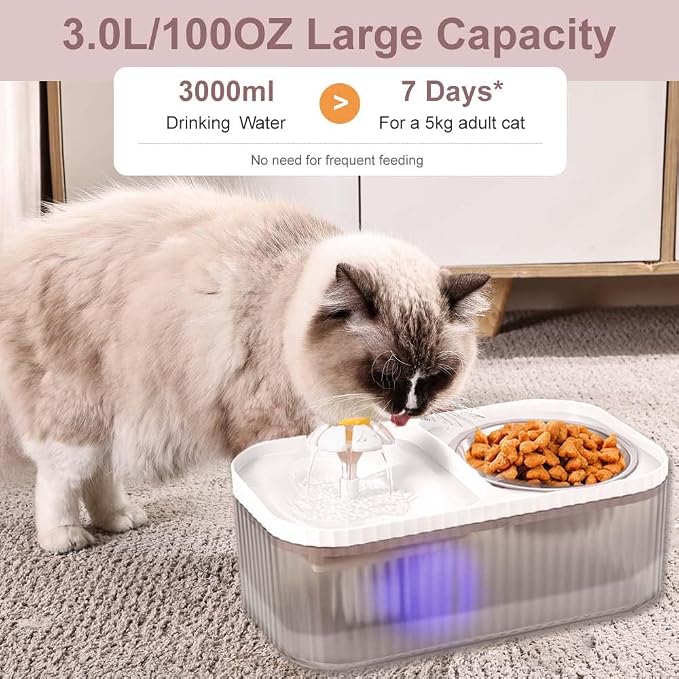 Marchul Cat Water Fountain and Stainless Steel Food Bowl, 100oz/3L Super Quiet Automatic Pet Water Dispenser with Smart Pump and 3 Replacement Filters for Cats and Small Dogs, White
