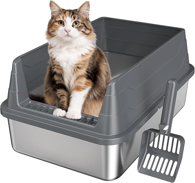 Stainless Steel Cat Litter Box Low Entry Litter Pan Include Scoop | Odor Free Metal High Sides Lid Open Top Easy Cleaning Anti-Scratc Anti-Urine Leakage Non-Sticky