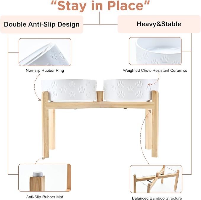 SPUNKYJUNKY Elevated Dog Bowls Ceramic, 8.3'' Dogs Food Water Bowls Raised with Non-Slip Bamboo Stand for Large Sized Breed Microwave Dishwasher Safe - 60 OZ,Paw White