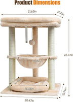 SYANDLVY Small Cat Tree for Indoor Cats with Top Perch Hammock & Bottom Bed | Natural Sisal Scratching Post Tower with Hanging Bell Ball and Anti-Tip Strap, Stable Kittens Furniture, Beige