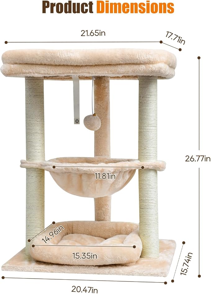 SYANDLVY Small Cat Tree for Indoor Cats with Top Perch Hammock & Bottom Bed | Natural Sisal Scratching Post Tower with Hanging Bell Ball and Anti-Tip Strap, Stable Kittens Furniture, Beige