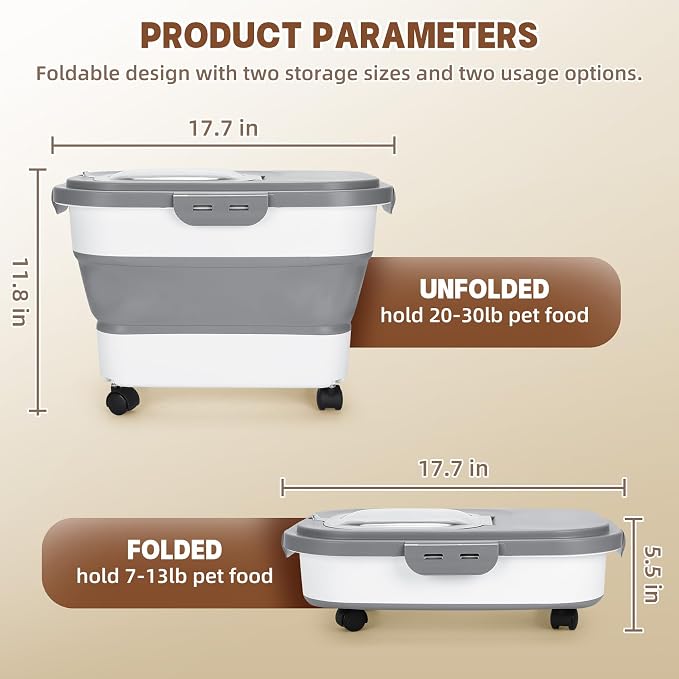 Dog Food Storage Container 17 lb, Airtight Pet Food Storage Containers with Wheels & Removable Sealed Lid, Collapsible Cat Food Containers Dry Food with Scoop and Measuring Cups