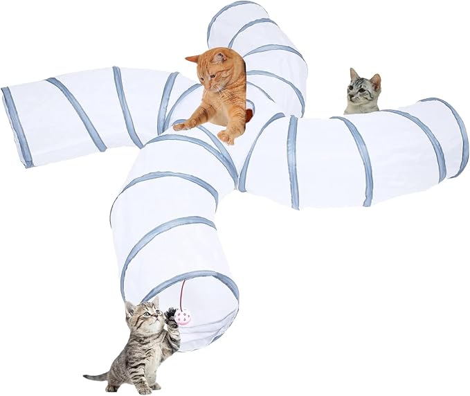 EGETOTA Cat Tunnel for Indoor Cats Large, with Play Ball S-Shape 4 Way Collapsible Interactive Peek Hole Pet Tube Toys, Puppy, Kitty, Kitten, Rabbit (S4 - White & Grey)