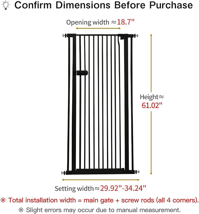 Lumizone Extra Tall Cat Gate 61.02" High 29.92"-34.24" Wide Pet Gate Black | Dog Gate for Doorway Hallway Stairs Pressure Mounted Extra Wide 1.37" Gap No Drilling Auto-Close One-Handed Operation