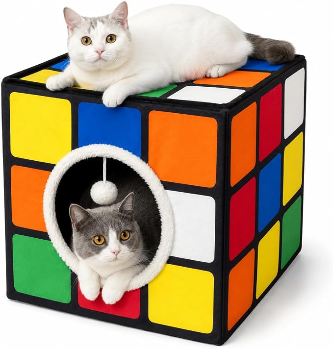Cat Condo House with Reversible Cushions and Fluffy Ball Hanging, Foldable Magic Cube, Large Cave Bed for Indoor Cats, Unique Puzzle Shape 15.7“ x 15.7" x 13.4”