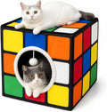 Cat Condo House with Reversible Cushions and Fluffy Ball Hanging, Foldable Magic Cube, Large Cave Bed for Indoor Cats, Unique Puzzle Shape 15.7“ x 15.7" x 13.4”