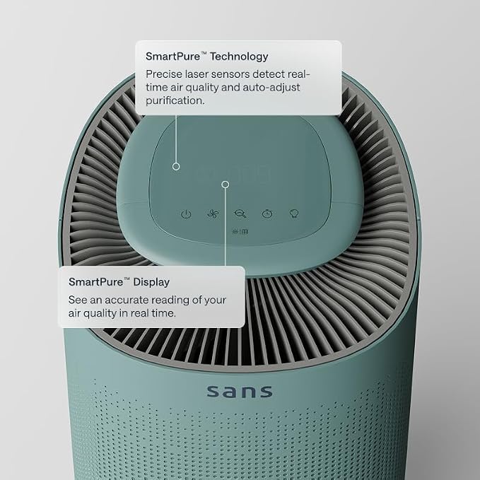 Sans True HEPA Air Purifier for Extra Large Rooms (1,854 sq ft) | UV-C Light Layer & Carbon Odor Absorption | Quiet 25dB Auto-Mode, Captures Smoke, Dust & Allergens (Agave)