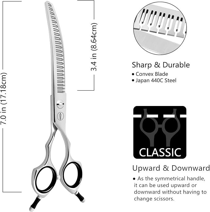 HASHIMOTO Curved Eraser Dog Grooming Scissors, 23 Teeth, 7.0 inch. | 80% Thinning Rate,Light Weight, Designed for Bulking off Coat Quickly, 440C Stainless Steel.