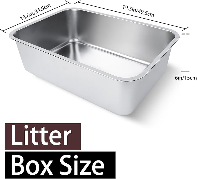 Stainless Steel Cat Litter Box 19.5"x13.6"x6" | For Adult Cats or Kitty/Kitten, Rust-Proof, High Side, Non Stick, No Smell, Easy to Clean