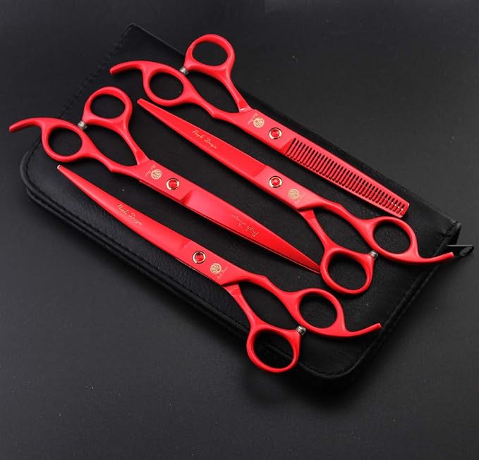 Purple Dragon 7.0 inch Dog Grooming Scissors Set with Silencer - Red | 4PCS Pet Grooming Shears Kit, Includes Curved, Straight & Thinning Scissors with Smooth Cutting and Comfortable Grip