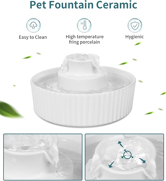 Ceramic Cat Water Fountain, Pet Ceramic Water Fountain Dispenser, 2.1 L Drinking Fountains Bowl for Cats and Dogs with Replacement Filters and Foam(White)