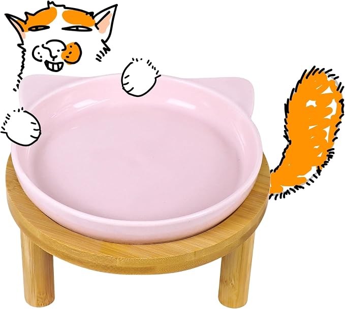 Elevated Ceramic Cat Bowls with Bamboo Stand for Cat Bowl, Whisker Friendly Shallow Cat Plate, Stable Raised Cat Food Riser for Indoor Cats (Pink, Set of 1)