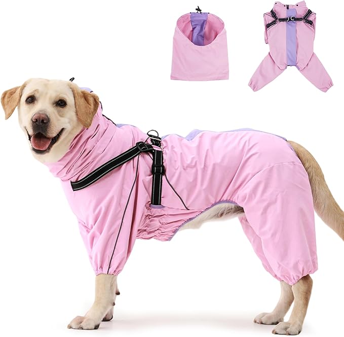 Lelepet Dog Raincoat with Harness, Pink, L | Waterproof full body for rainy walking hiking, Adjustable detachable hood for flexible wear, Reflective stripes ensure safety