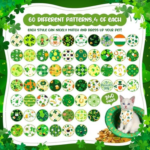 Geyoga 240 Pcs Dog Bandanas Bulk 4th of July Patriotic Pet Bandanas Adjustable Summer Triangle Dog Grooming Scarf Bibs Kerchief for Small Medium Large Cats Pet Costume(St Patricks Day) - Image 3