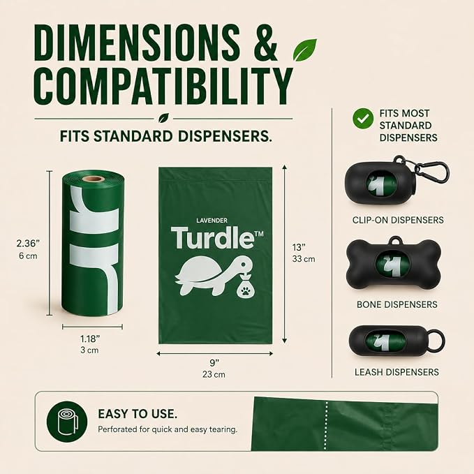 Turdle Compostable Dog Poop Bags Rolls, Lavender Scented, 270 Count | Extra thick, leak proof doggy poop bags & pet waste bags. No added PFAS, plant-based. Compostable dog waste bags. 15/roll.