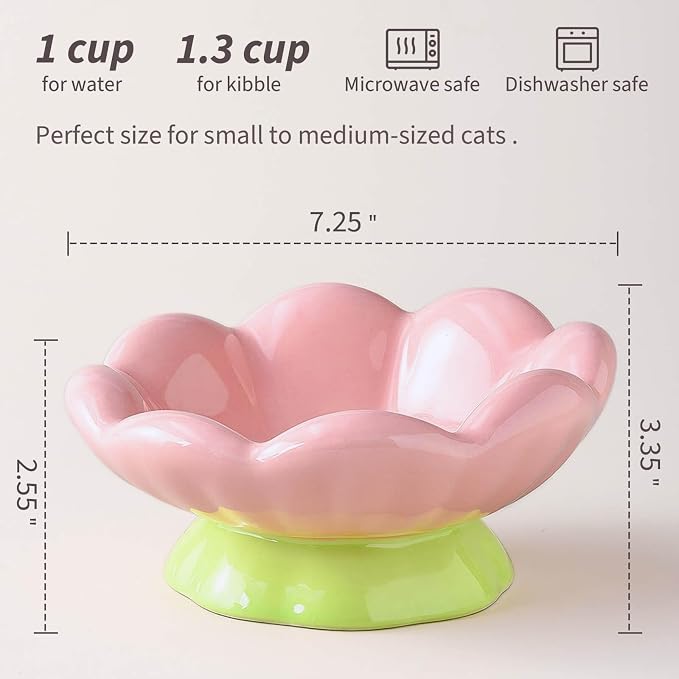 Cute Flower Ceramic Elevated Shallow Cat Bowl for Food & Water | wide and tilted design, whisker-friendly, stable base, dishwasher & microwave safe