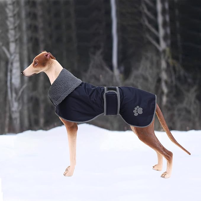Geyecete Dog Winter Coat Greyhound Raincoat Fabric with Lamb Velvet Inside Outdoor Dog Apparel with Adjustable Bands for Medium, Large Dog-Navy-XXL