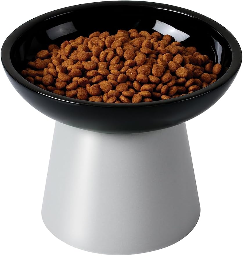 LoeJan Elevated Cat Food and Water Bowls Set, Extra Wide and Raised Ceramic Feeder, Anti-Vomit Whisker-Free Pressure Feeding Bowl for Kittens Adult Small Dogs (Black, Food Bowl)