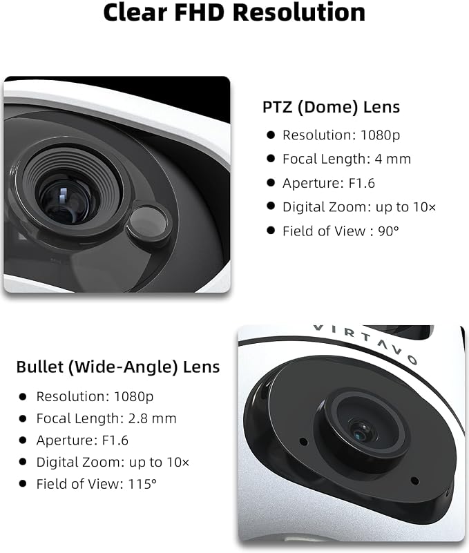 VIRTAVO Pet Camera Indoor No Subscription 2 Pack, for Dog Cat Baby | Dual Lens Dual View, 360° PTZ, Auto Motion Tracking, 2-Way Audio, Night Vision, Phone App, SD & Cloud, Wired