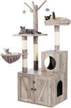 Timberer Litter Box Enclosure with Cat Tree, 2-in-1 Cat Tree Tower, Hidden Cat Litter Box Furniture with Scratching Post, Modern Cat Condo, Grey