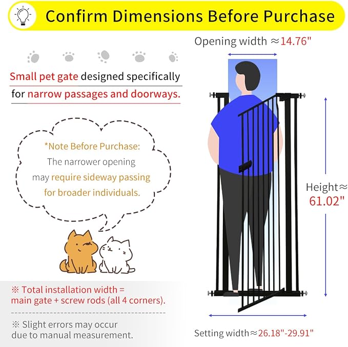 Lumizone Extra Tall Cat Gate 61.02" High 26.18"-29.91" Wide Pet Gate Black | Dog Gate for Doorway Hallway Stairs Pressure Mounted Extra Wide 1.37" Gap No Drilling Auto-Close One-Handed Operation