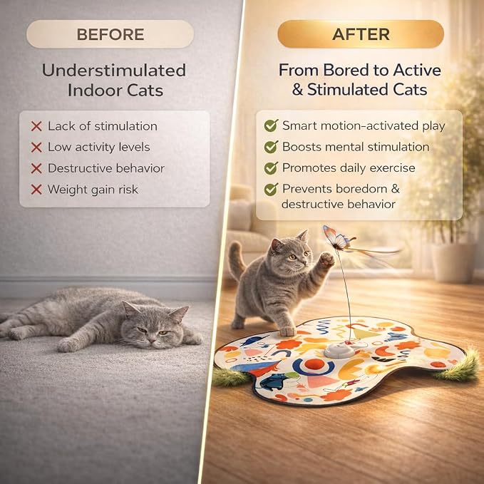 Pet's Var 3-in-1 Interactive Cat Toy for Indoor Cats, Motion Activated Automatic Cat Toy with Moving Feather, Fluttering Butterfly, Mouse Sound, Rechargeable with Bonus Teaser
