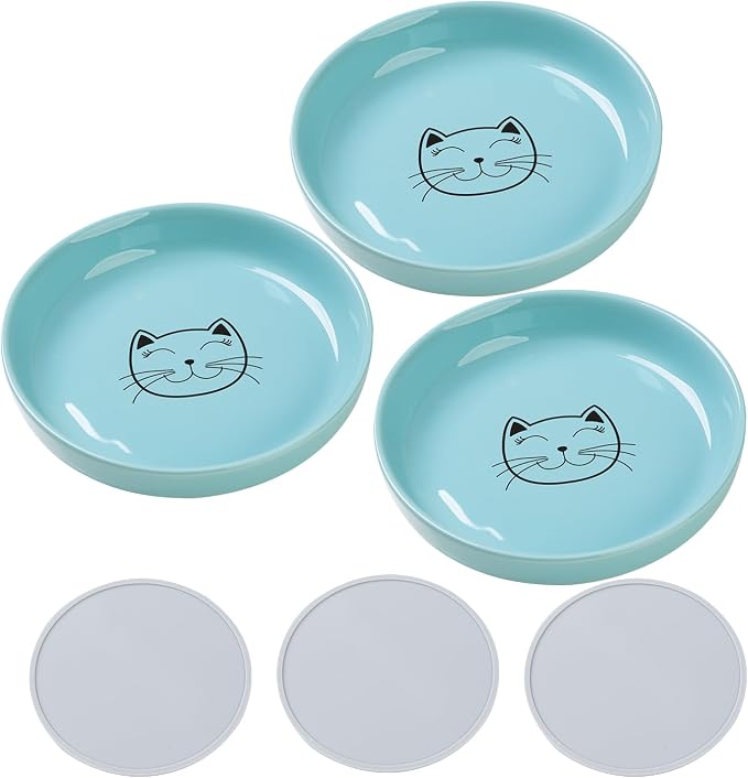 Lusifaco Shallow Wide Cat Food Bowls Anti Whisker Fatigue (Blue, 3 Pack) | 5.9 Inch 2 Height Raised Ceramic Cat Dishes with Bamboo Stand, Flat Pet Water Food Plates Feeding Station for Indoor Kitten