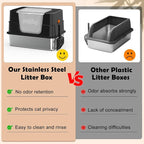 Vivifying Stainless Steel Litter Box, XL Side Entry Extra Large Litter Box with Lid for Big Cats & Kitty, Removable Enclosed Metal Cat Pan with High Sided Enclosure, Scoop (Black)